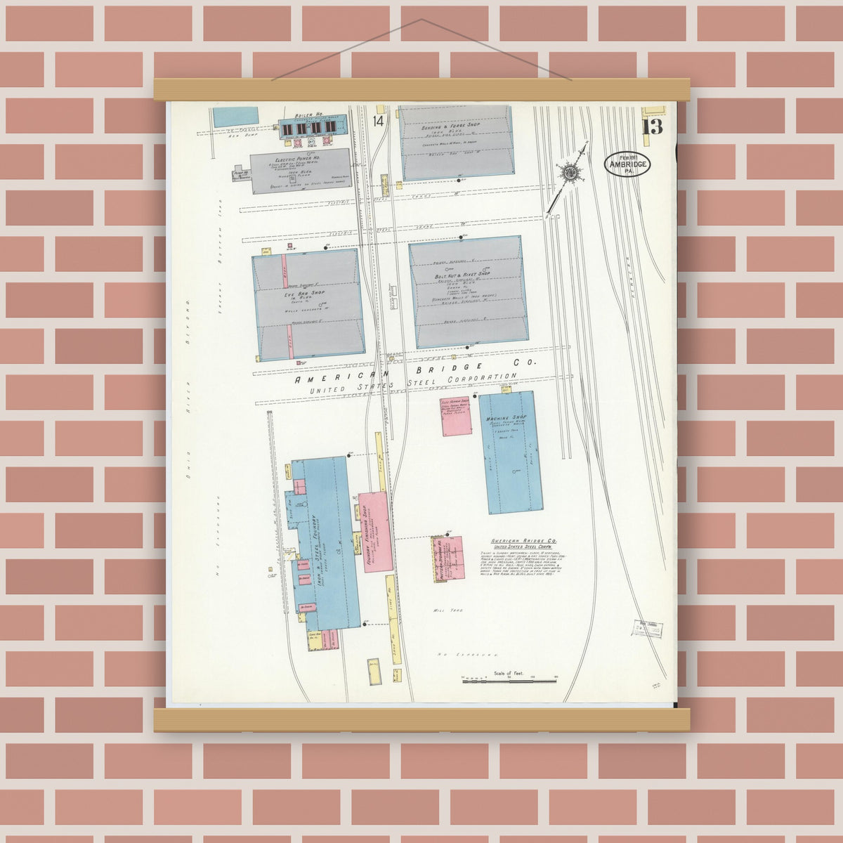 Old map wall art mockup — magnetic wood frame on brick wall — Sanborn Fire Insurance Map from Ambridge, Beaver County, Pennsylvania (1911), Sheet #0013