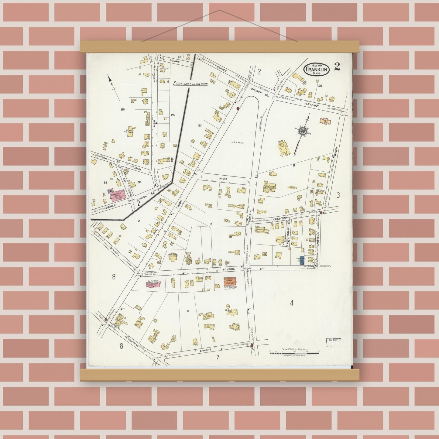 Old map wall art mockup — magnetic wood frame on brick wall — Sanborn Fire Insurance Map from Franklin, Norfolk County, Massachusetts (1919), Sheet #0002