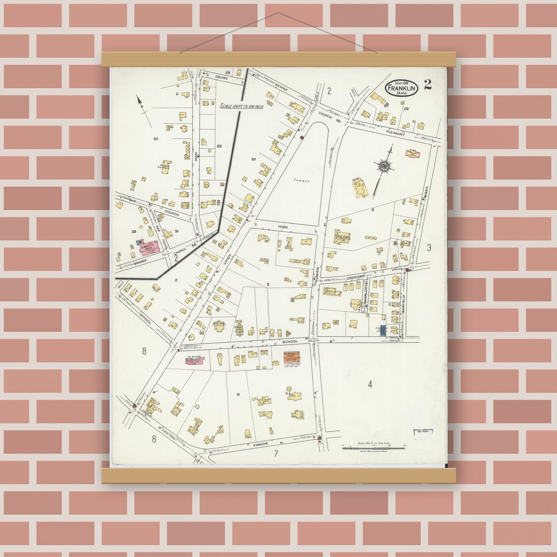 Old map wall art mockup — magnetic wood frame on brick wall — Sanborn Fire Insurance Map from Franklin, Norfolk County, Massachusetts (1919), Sheet #0002