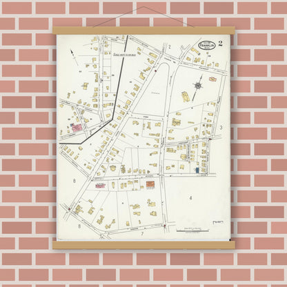 Old map wall art mockup — magnetic wood frame on brick wall — Sanborn Fire Insurance Map from Franklin, Norfolk County, Massachusetts (1919), Sheet #0002