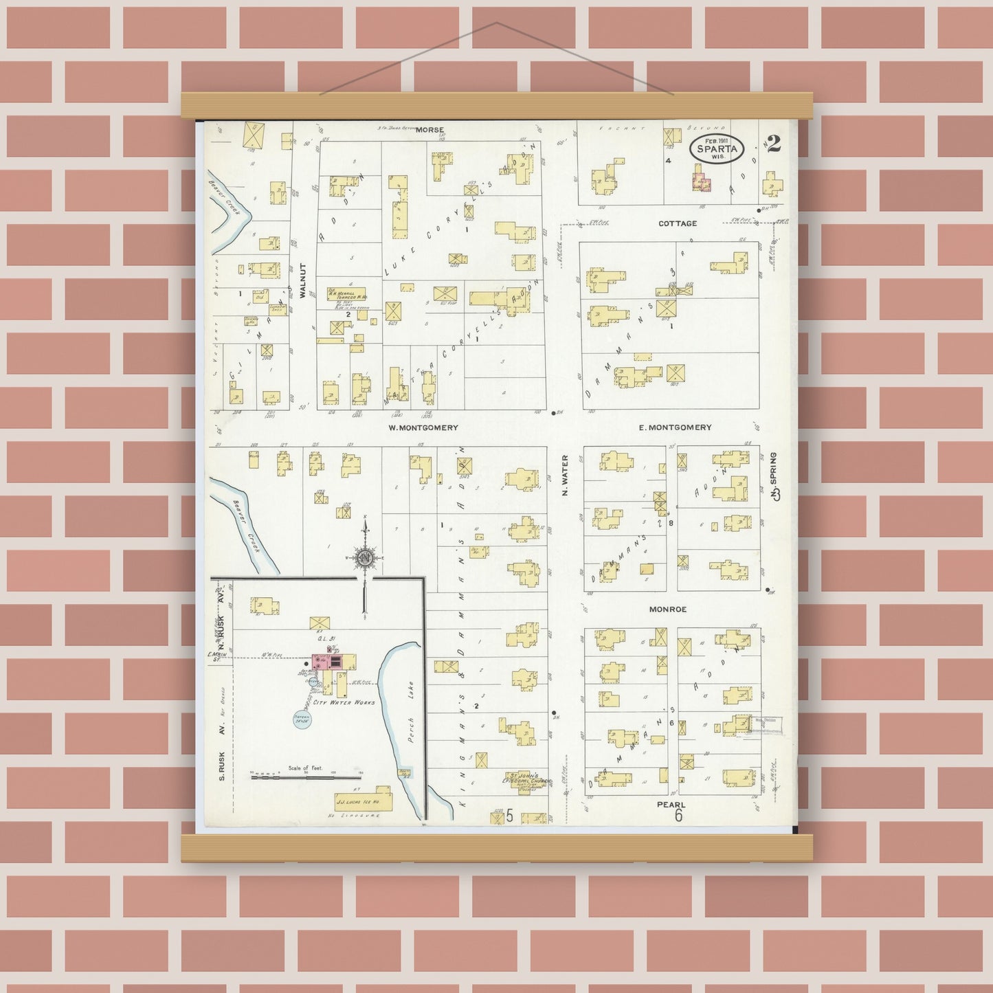 Old map wall art mockup — magnetic wood frame on brick wall — Sanborn Fire Insurance Map from Sparta, Monroe County, Wisconsin (1911), Sheet #0002