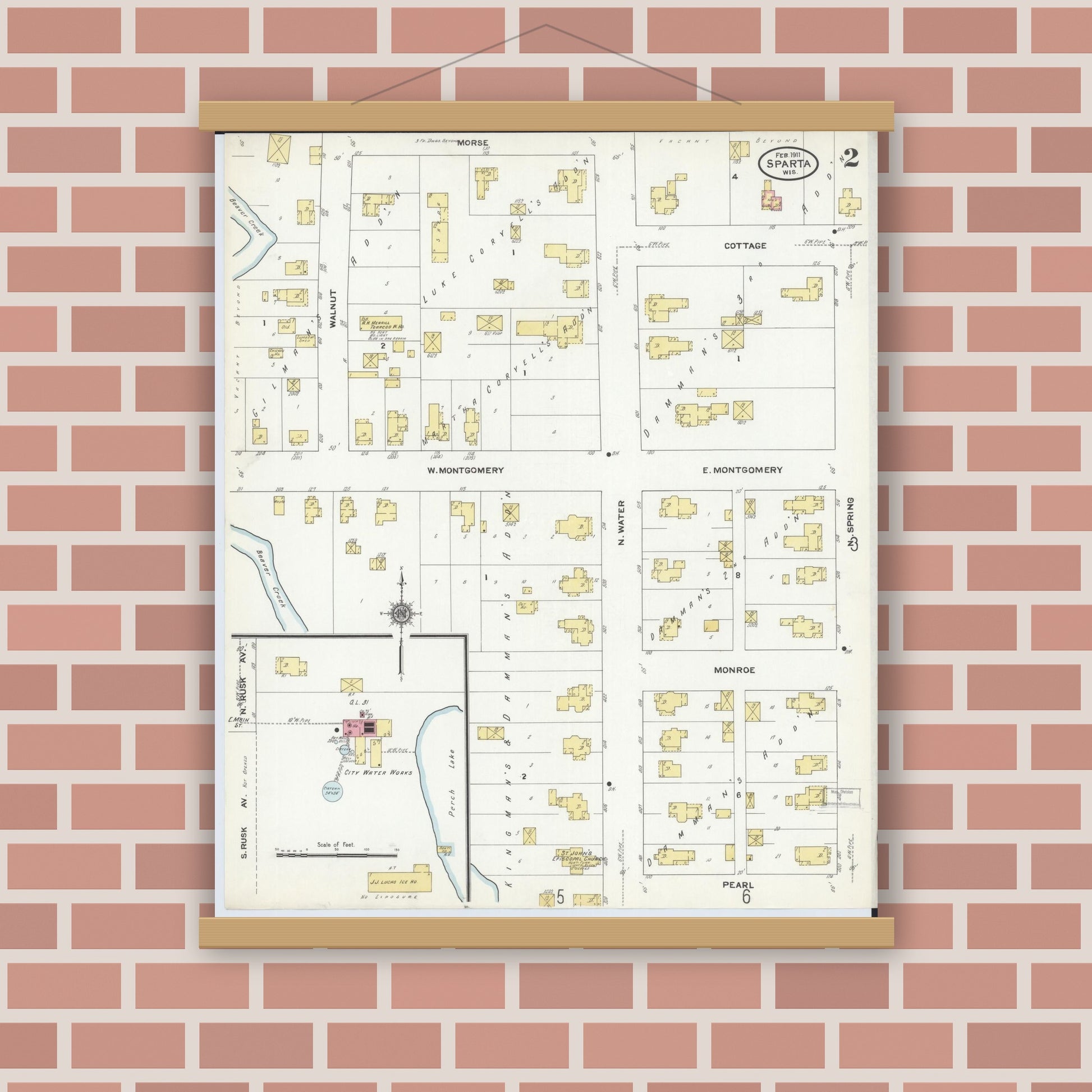 Old map wall art mockup — magnetic wood frame on brick wall — Sanborn Fire Insurance Map from Sparta, Monroe County, Wisconsin (1911), Sheet #0002