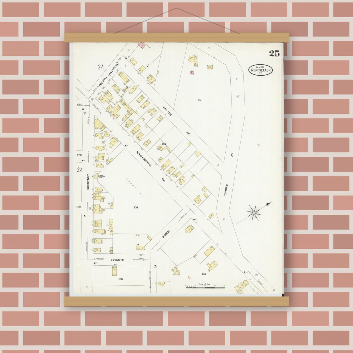 Old map wall art mockup — magnetic wood frame on brick wall — Sanborn Fire Insurance Map from Rensselaer, Rensselaer County, New York (1909), Sheet #0025