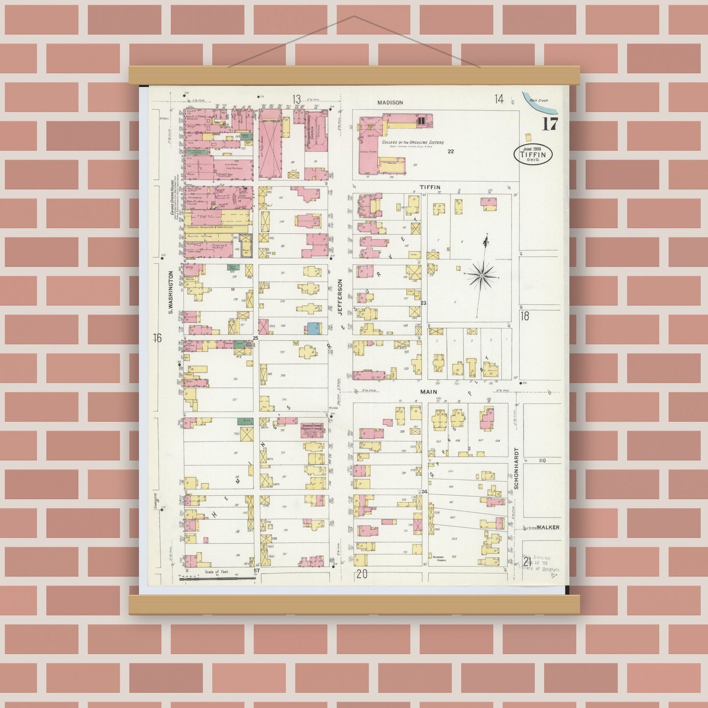 Old map wall art mockup — magnetic wood frame on brick wall — Sanborn Fire Insurance Map from Tiffin, Seneca County, Ohio (1908), Sheet #0017