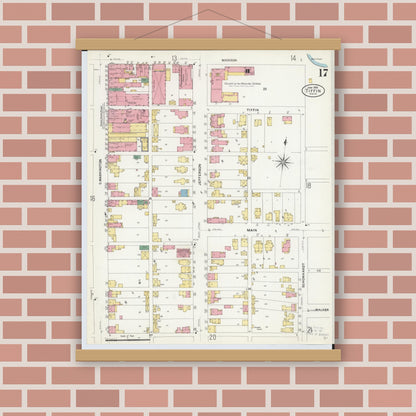 Old map wall art mockup — magnetic wood frame on brick wall — Sanborn Fire Insurance Map from Tiffin, Seneca County, Ohio (1908), Sheet #0017