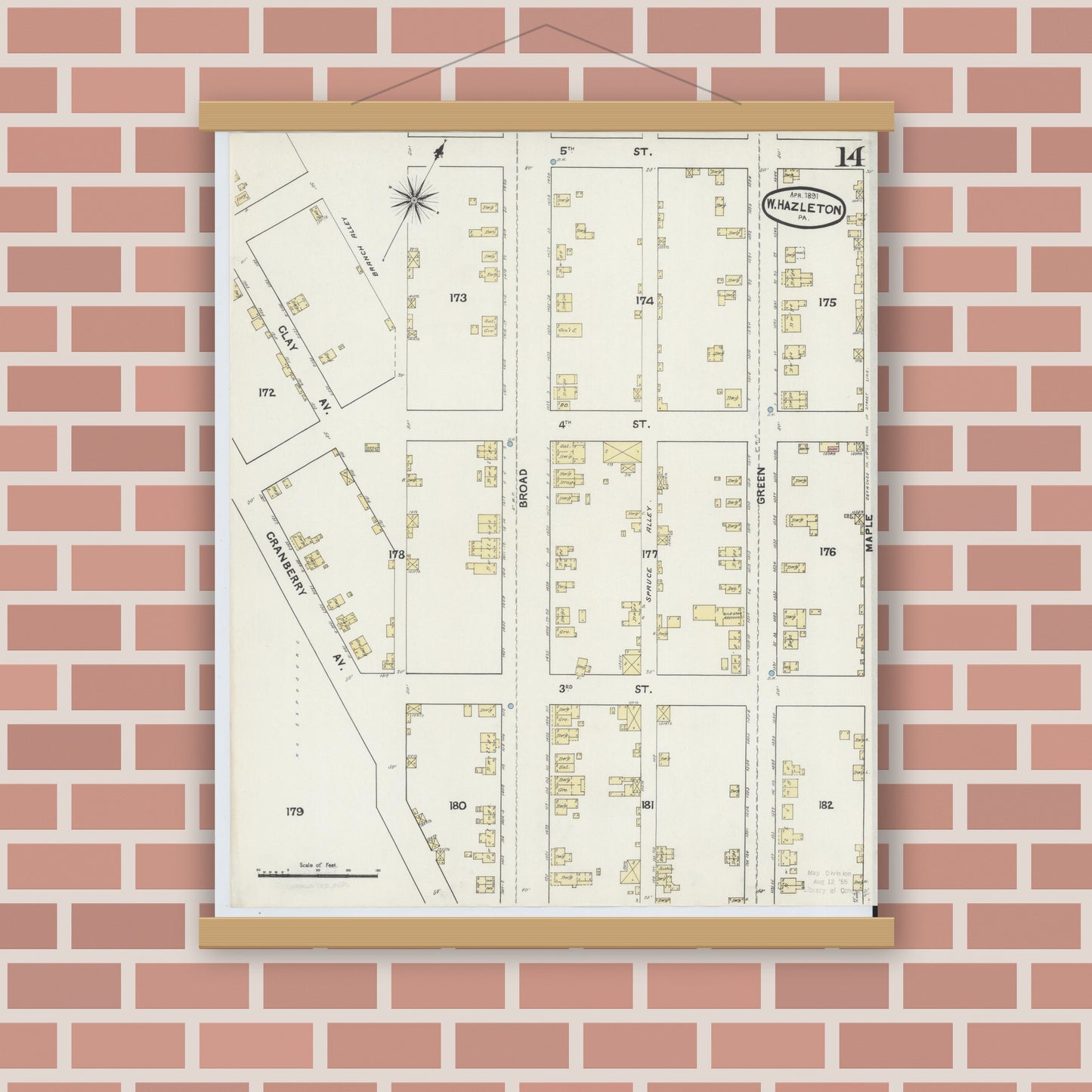 Old map wall art mockup — magnetic wood frame on brick wall — Sanborn Fire Insurance Map from Hazleton, Luzerne County, Pennsylvania (1891), Sheet #0014