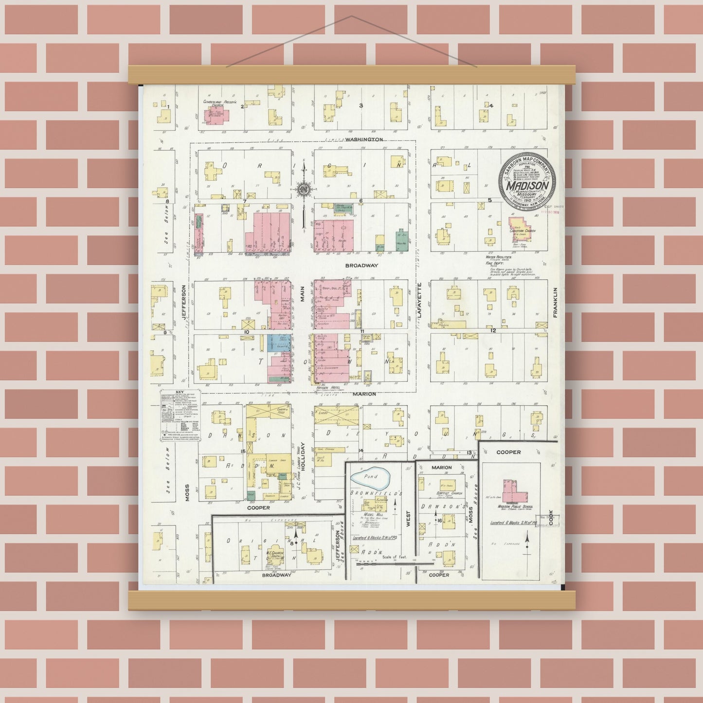 Old map wall art mockup — magnetic wood frame on brick wall — Sanborn Fire Insurance Map from Madison, Monroe County, Missouri (1910), Sheet #0001