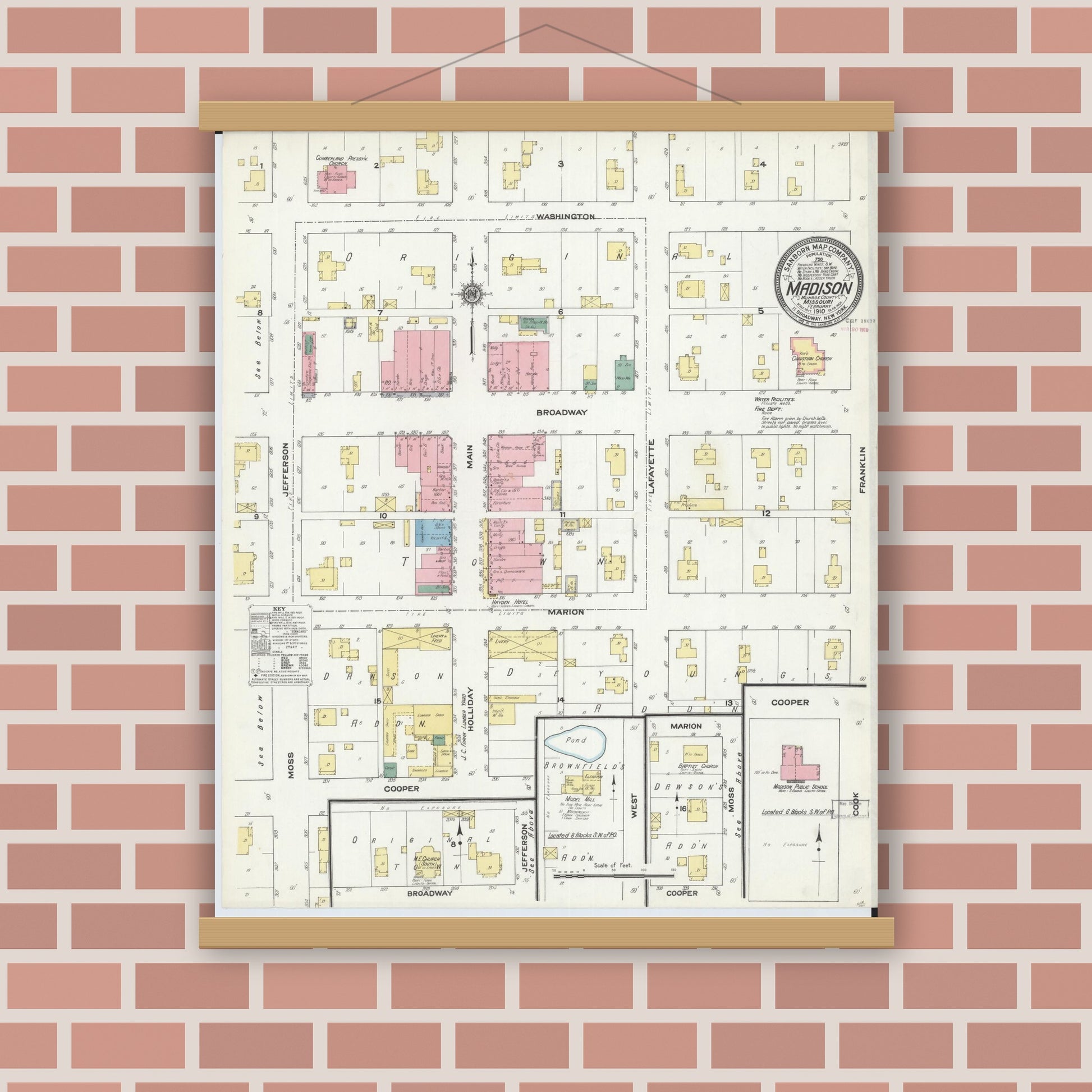 Old map wall art mockup — magnetic wood frame on brick wall — Sanborn Fire Insurance Map from Madison, Monroe County, Missouri (1910), Sheet #0001
