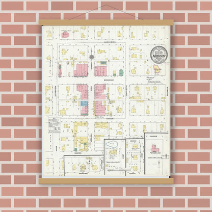 Old map wall art mockup — magnetic wood frame on brick wall — Sanborn Fire Insurance Map from Madison, Monroe County, Missouri (1910), Sheet #0001