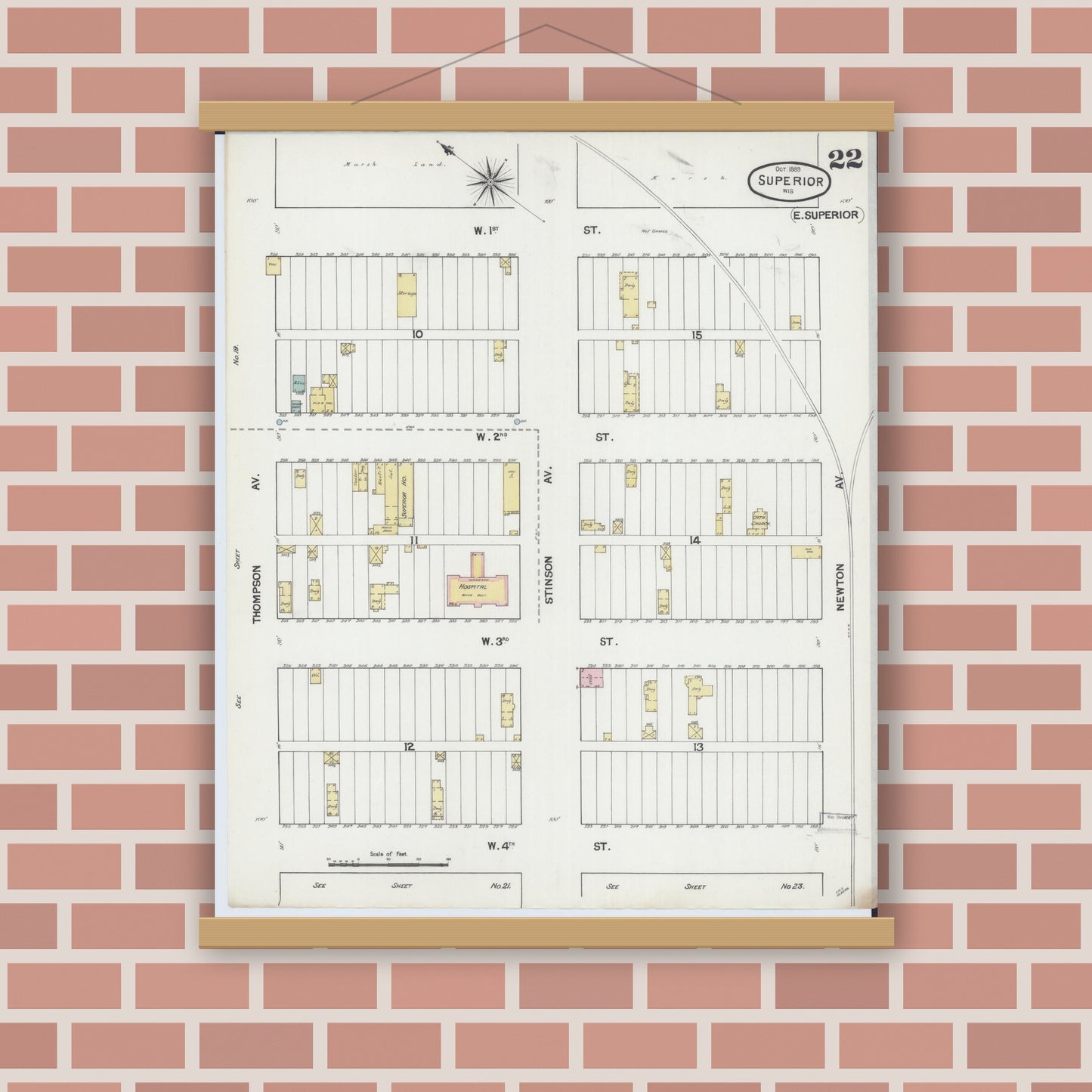 Old map wall art mockup — magnetic wood frame on brick wall — Sanborn Fire Insurance Map from Superior, Douglas County, Wisconsin (1889), Sheet #0022