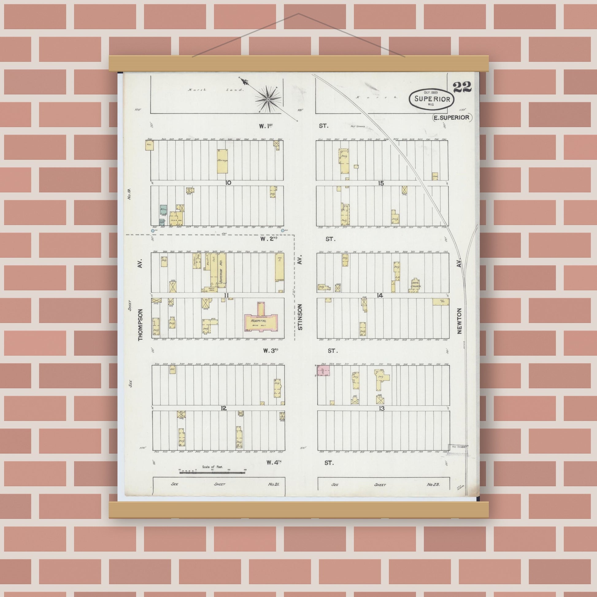 Old map wall art mockup — magnetic wood frame on brick wall — Sanborn Fire Insurance Map from Superior, Douglas County, Wisconsin (1889), Sheet #0022