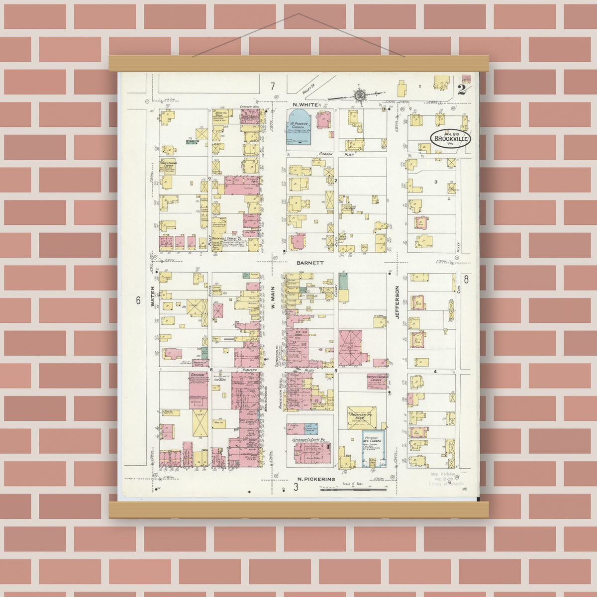 Old map wall art mockup — magnetic wood frame on brick wall — Sanborn Fire Insurance Map from Brookville, Jefferson County, Pennsylvania (1910), Sheet #0002