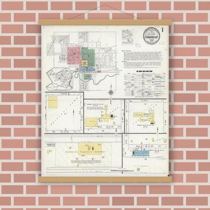 Old map wall art mockup — magnetic wood frame on brick wall — Sanborn Fire Insurance Map from Comanche, Comanche County, Texas (1915), Sheet #0001