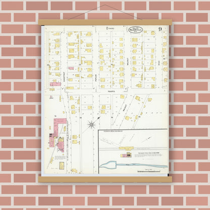 Old map wall art mockup — magnetic wood frame on brick wall — Sanborn Fire Insurance Map from Nelsonville, Athens County, Ohio (1907), Sheet #0009