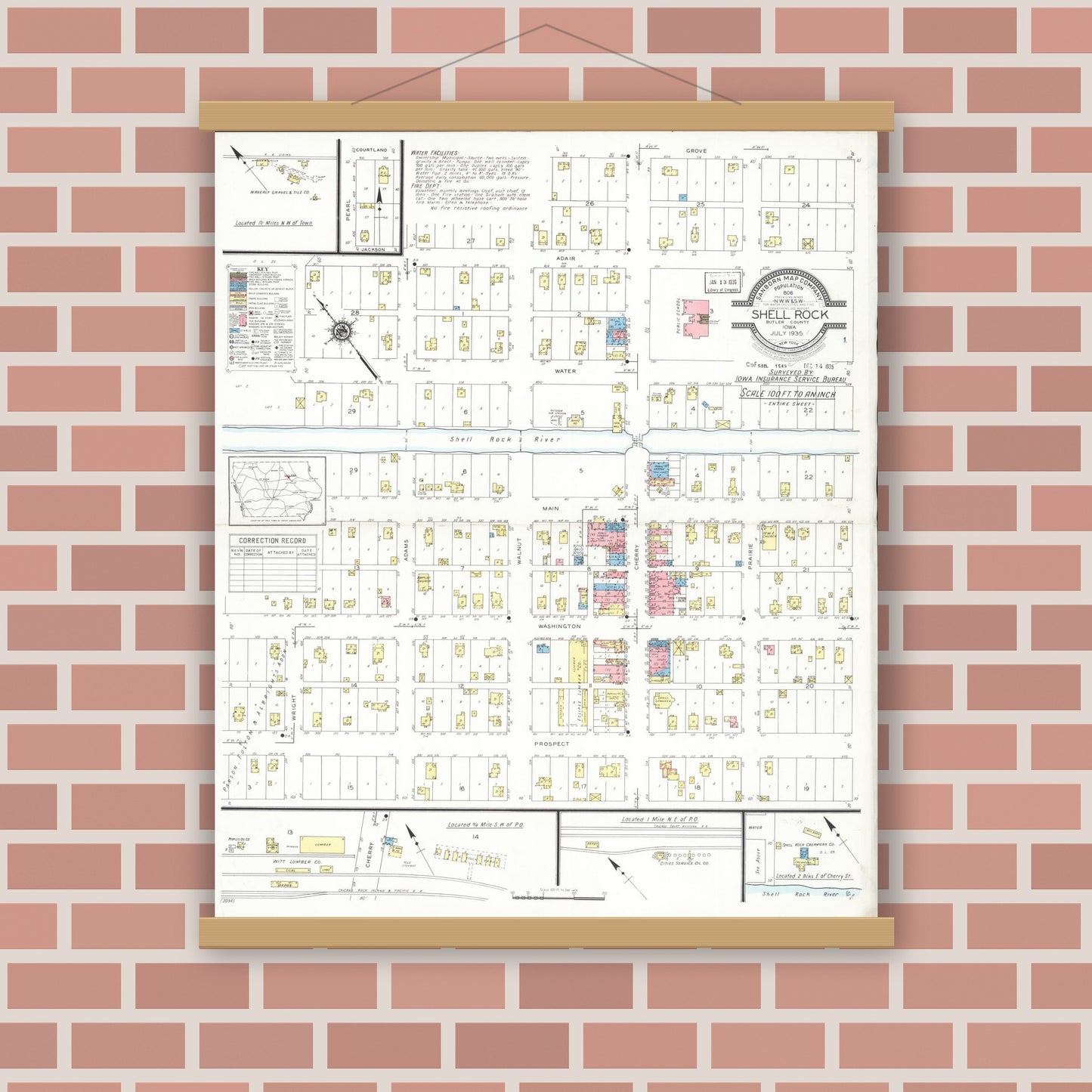 Old map wall art mockup — magnetic wood frame on brick wall — Sanborn Fire Insurance Map from Shell Rock, Butler County, Iowa (1935), Sheet #0001