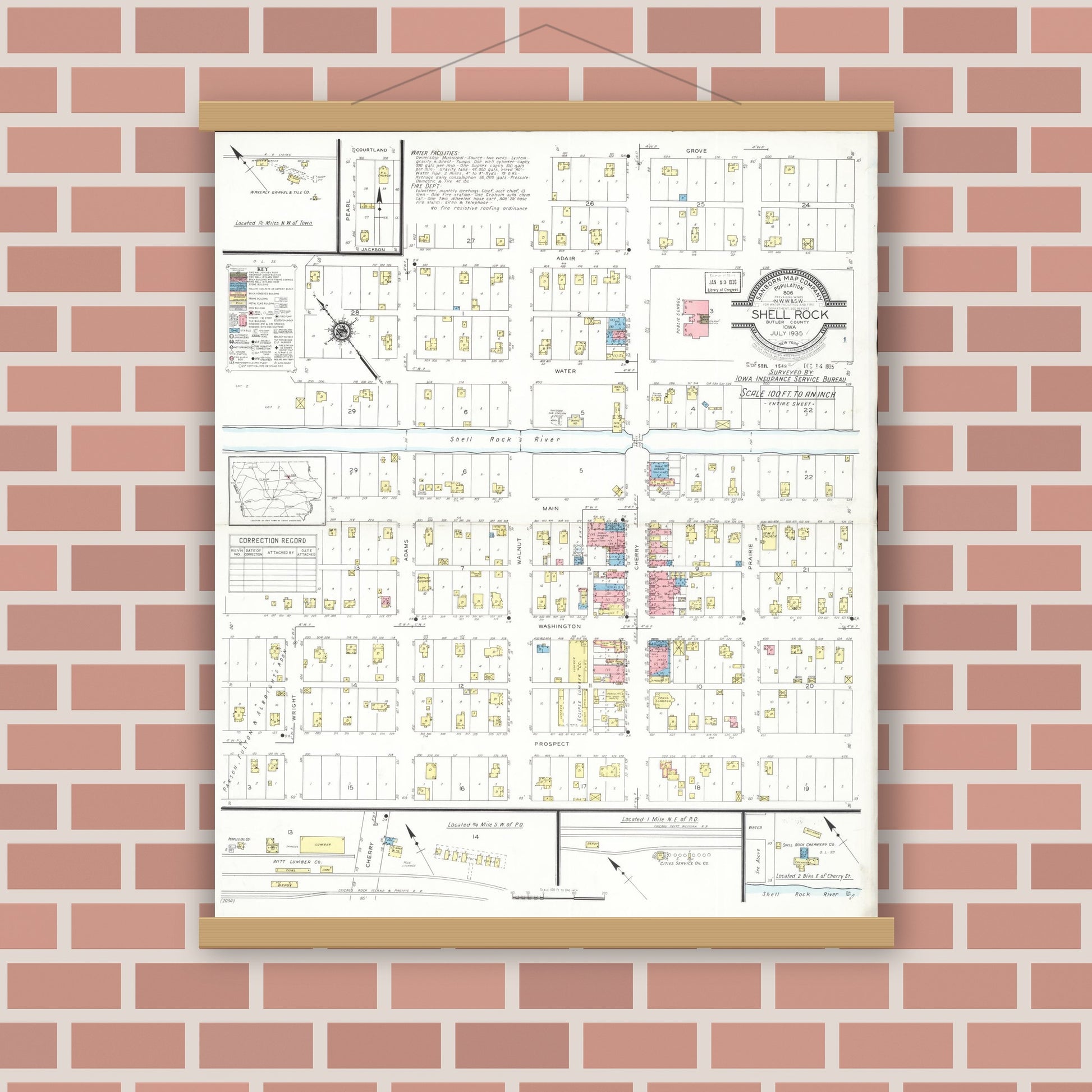 Old map wall art mockup — magnetic wood frame on brick wall — Sanborn Fire Insurance Map from Shell Rock, Butler County, Iowa (1935), Sheet #0001