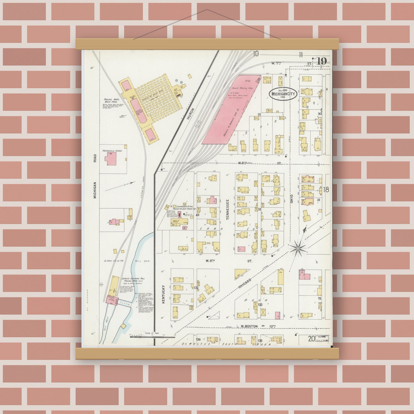 Old map wall art mockup — magnetic wood frame on brick wall — Sanborn Fire Insurance Map from Michigan City, La Porte County, Indiana (1899), Sheet #0019