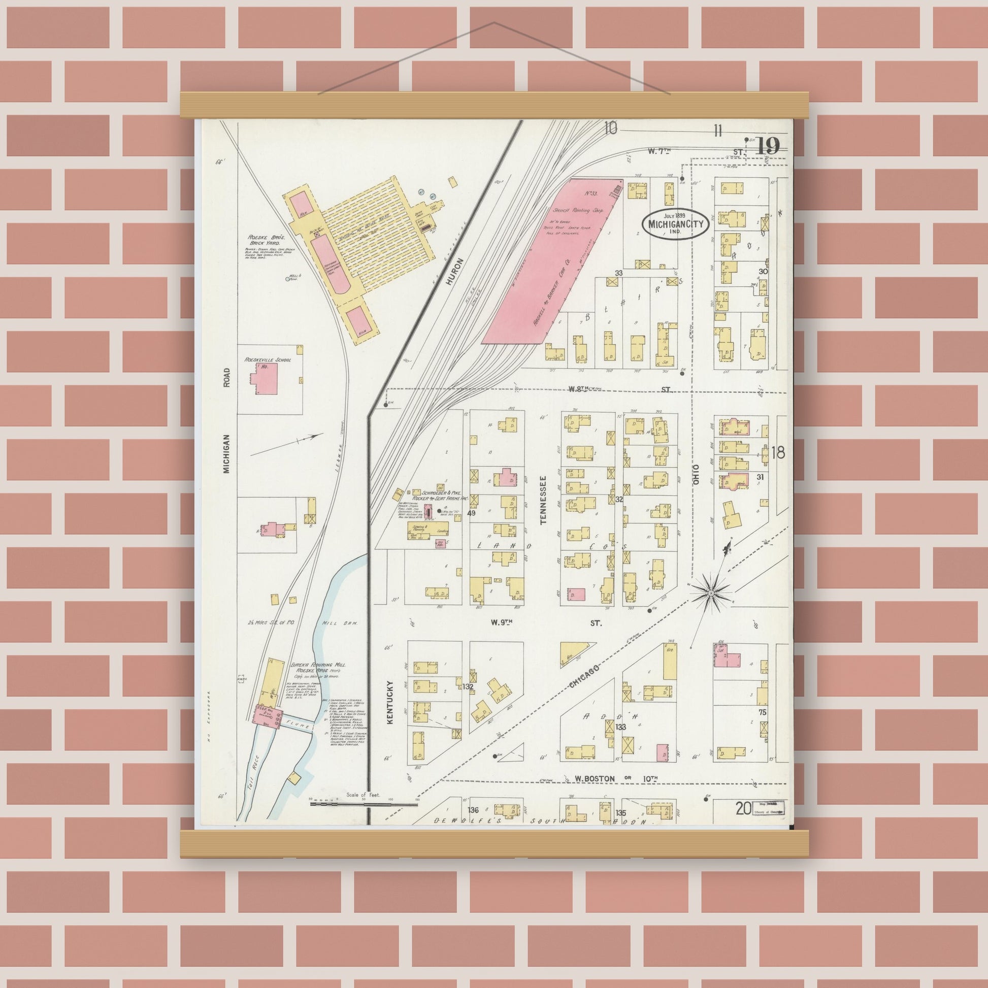 Old map wall art mockup — magnetic wood frame on brick wall — Sanborn Fire Insurance Map from Michigan City, La Porte County, Indiana (1899), Sheet #0019