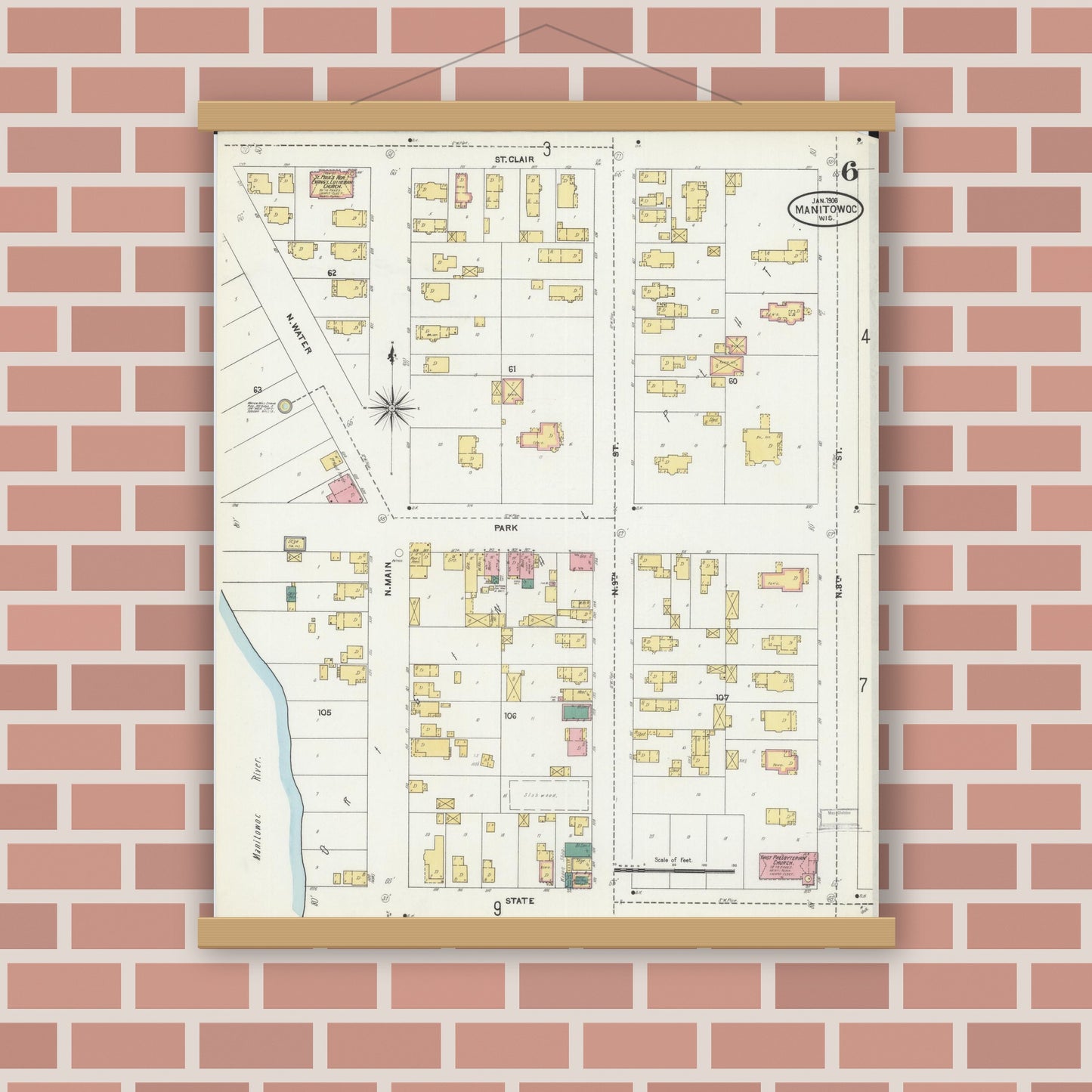 Old map wall art mockup — magnetic wood frame on brick wall — Sanborn Fire Insurance Map from Manitowoc, Manitowoc County, Wisconsin (1906), Sheet #0006
