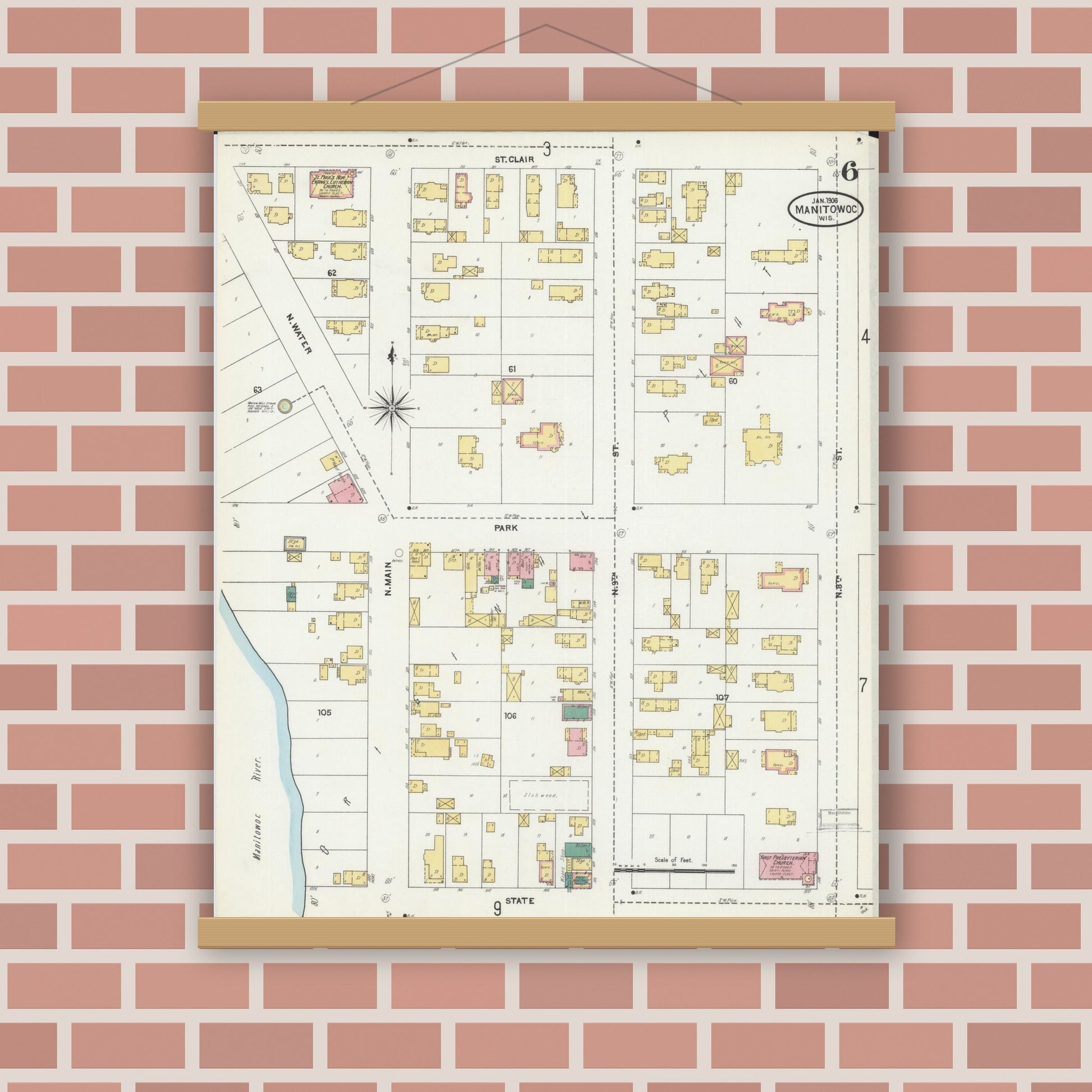 Old map wall art mockup — magnetic wood frame on brick wall — Sanborn Fire Insurance Map from Manitowoc, Manitowoc County, Wisconsin (1906), Sheet #0006