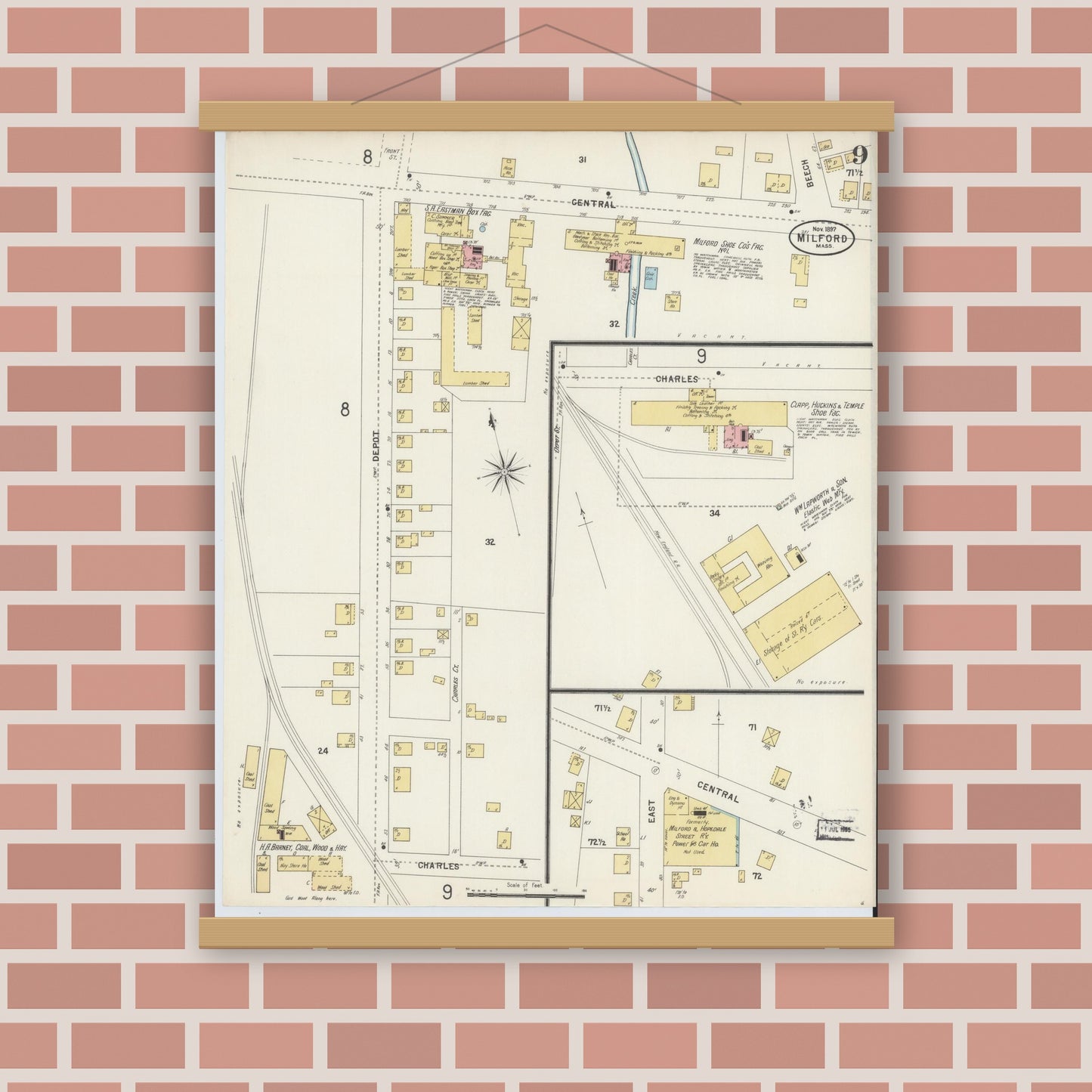 Old map wall art mockup — magnetic wood frame on brick wall — Sanborn Fire Insurance Map from Milford, Worcester County, Massachusetts (1897), Sheet #0009