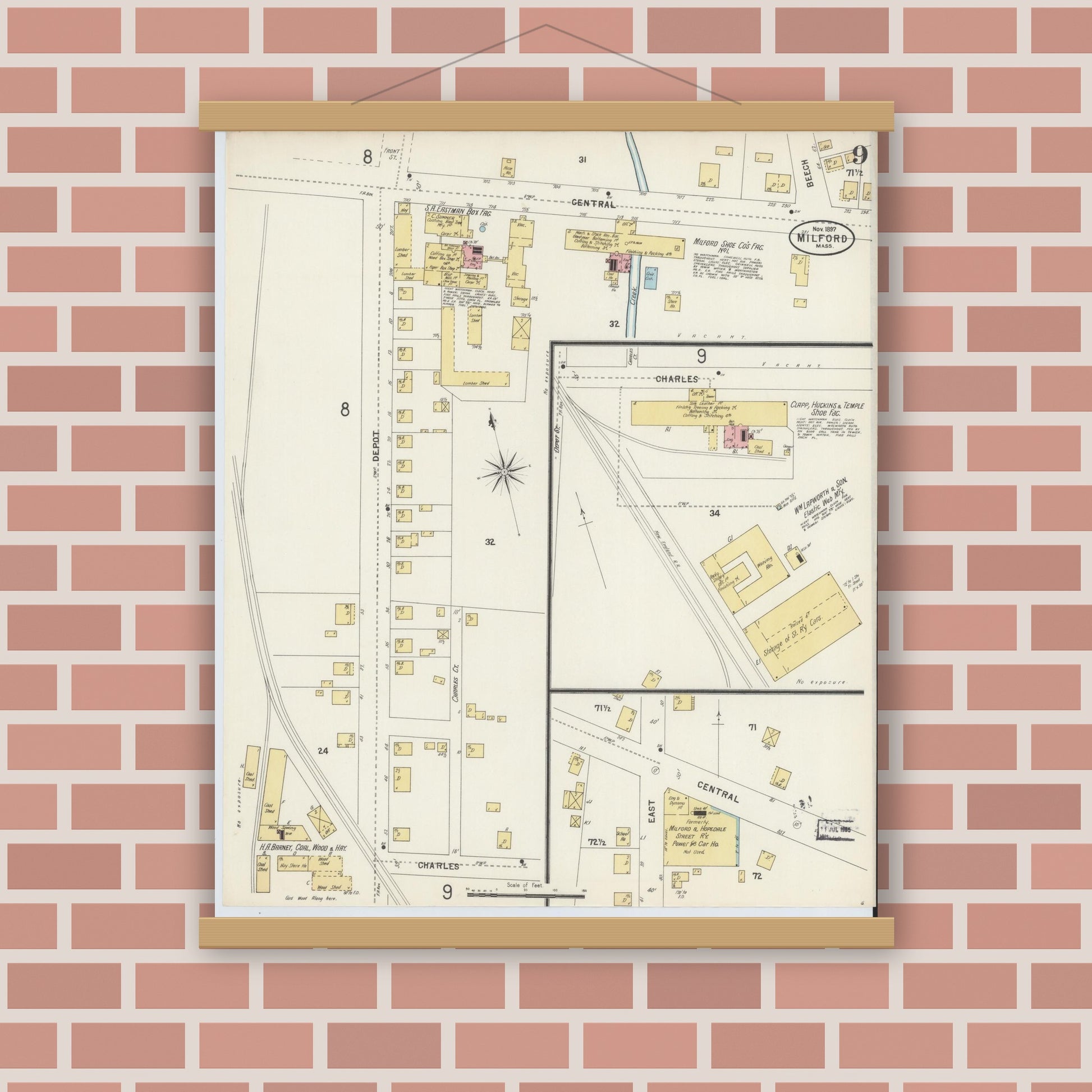 Old map wall art mockup — magnetic wood frame on brick wall — Sanborn Fire Insurance Map from Milford, Worcester County, Massachusetts (1897), Sheet #0009