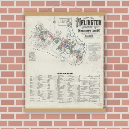 Old map wall art mockup — magnetic wood frame on brick wall — Sanborn Fire Insurance Map from Arlington, Middlesex County, Massachusetts (1914) - Complete Map Set