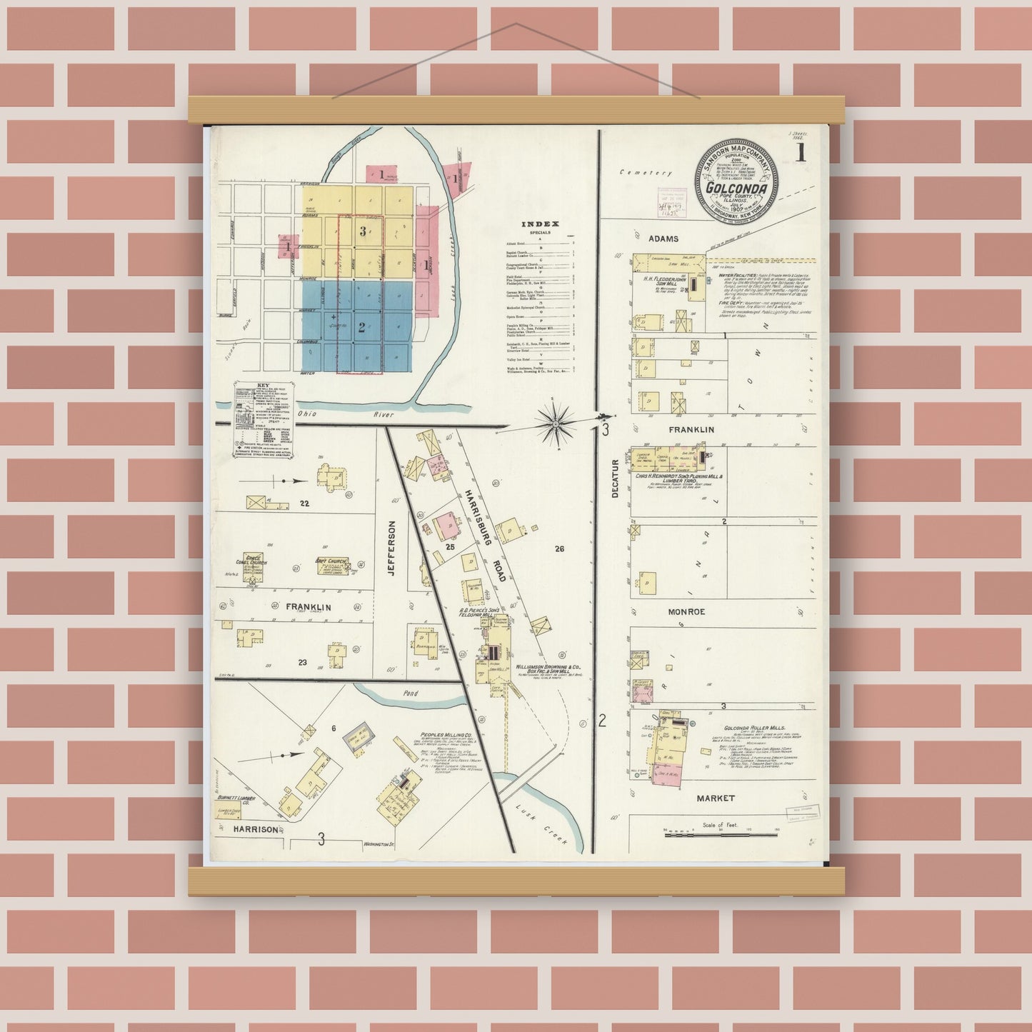 Old map wall art mockup — magnetic wood frame on brick wall — Sanborn Fire Insurance Map from Golconda, Pope County, Illinois (1907) - Complete Map Set