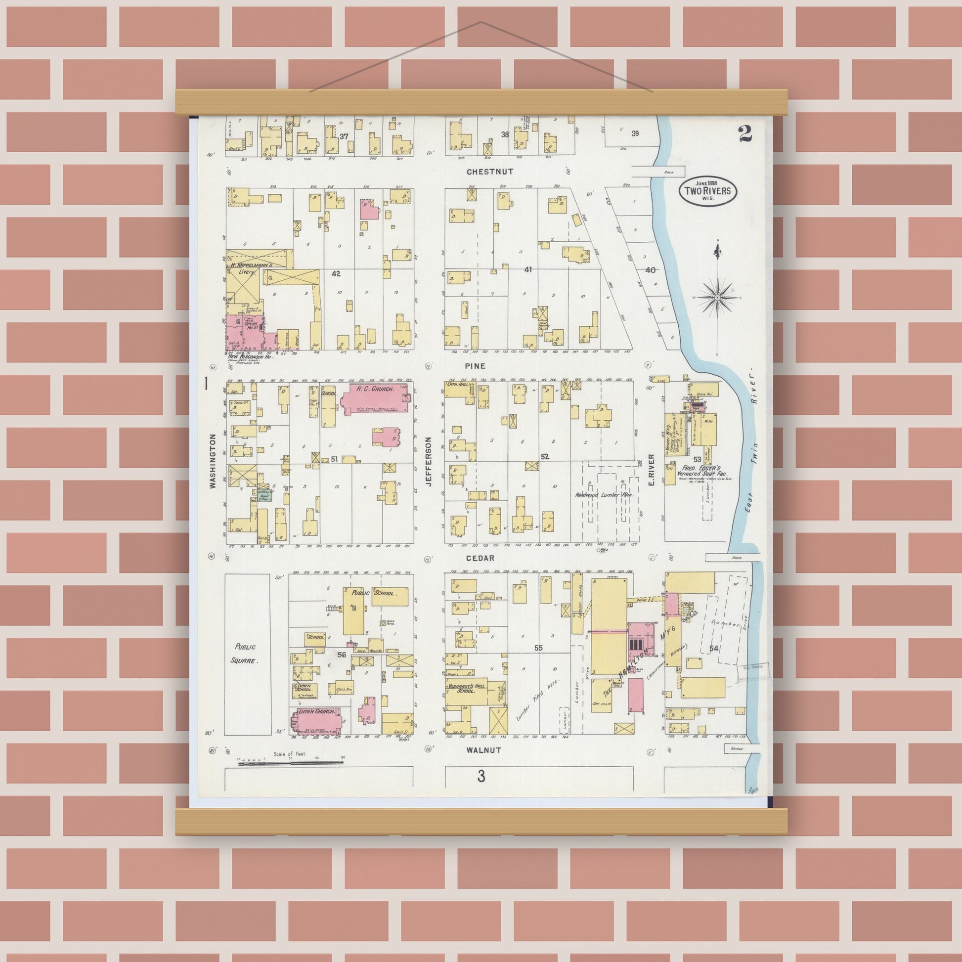 Old map wall art mockup — magnetic wood frame on brick wall — Sanborn Fire Insurance Map from Two Rivers, Manitowoc County, Wisconsin (1898), Sheet #0002