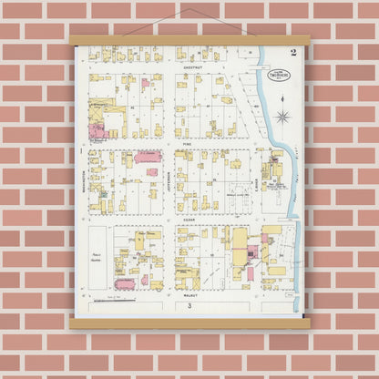 Old map wall art mockup — magnetic wood frame on brick wall — Sanborn Fire Insurance Map from Two Rivers, Manitowoc County, Wisconsin (1898), Sheet #0002