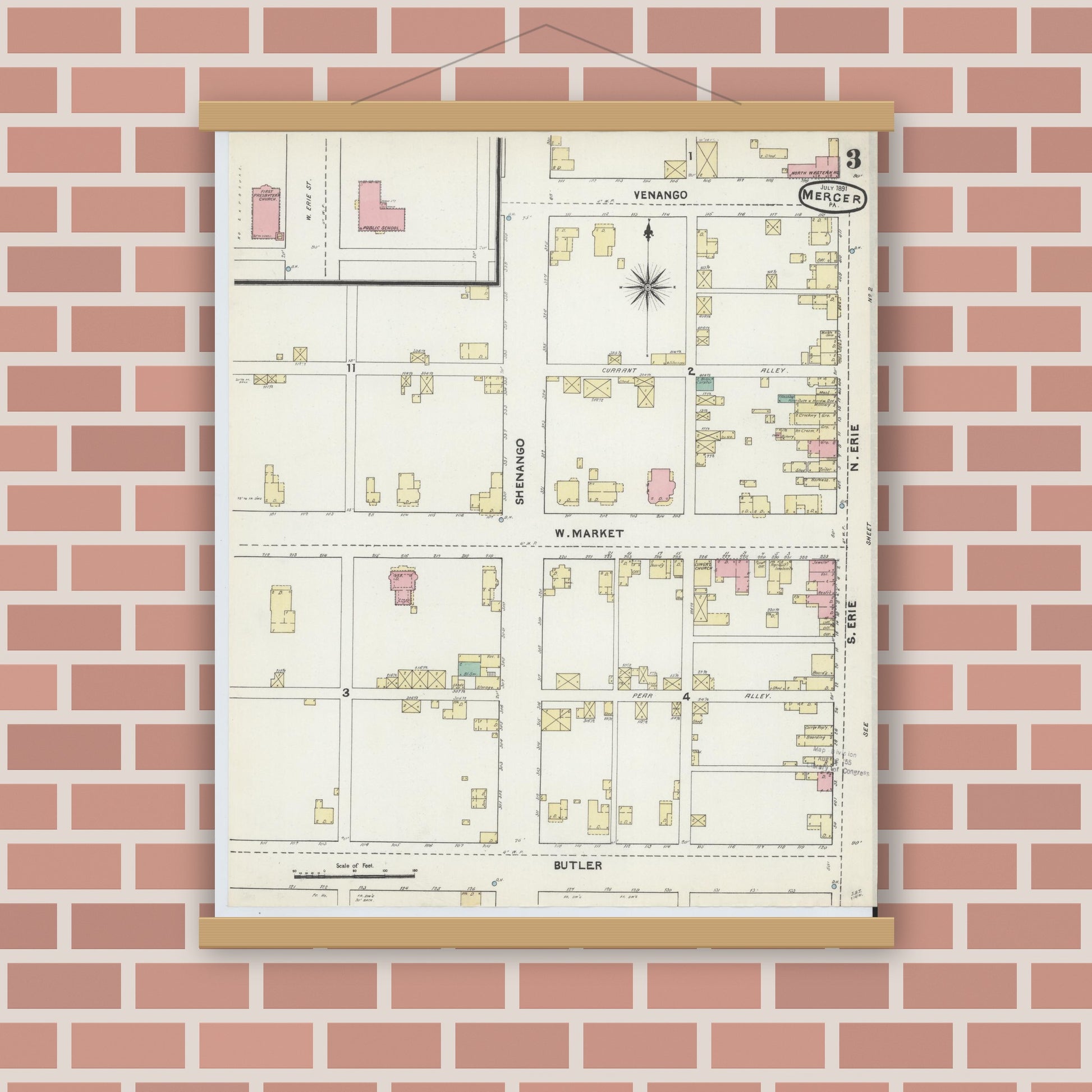Old map wall art mockup — magnetic wood frame on brick wall — Sanborn Fire Insurance Map from Mercer, Mercer County, Pennsylvania (1891), Sheet #0003