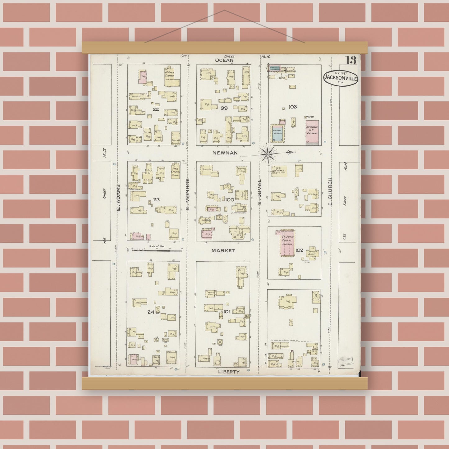 Old map wall art mockup — magnetic wood frame on brick wall — Sanborn Fire Insurance Map from Jacksonville, Duval County, Florida (1887), Sheet #0013