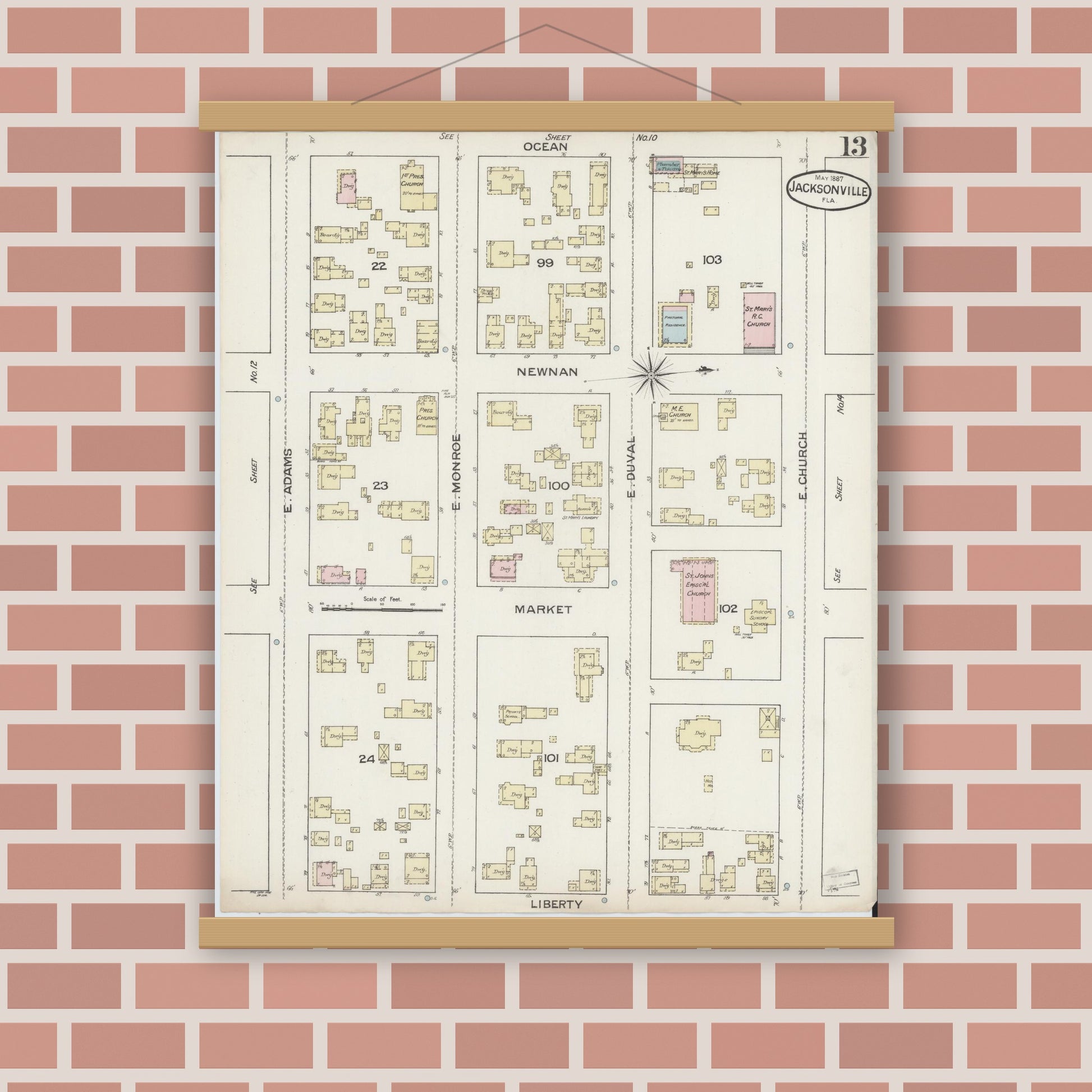 Old map wall art mockup — magnetic wood frame on brick wall — Sanborn Fire Insurance Map from Jacksonville, Duval County, Florida (1887), Sheet #0013
