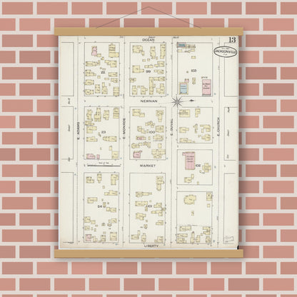 Old map wall art mockup — magnetic wood frame on brick wall — Sanborn Fire Insurance Map from Jacksonville, Duval County, Florida (1887), Sheet #0013