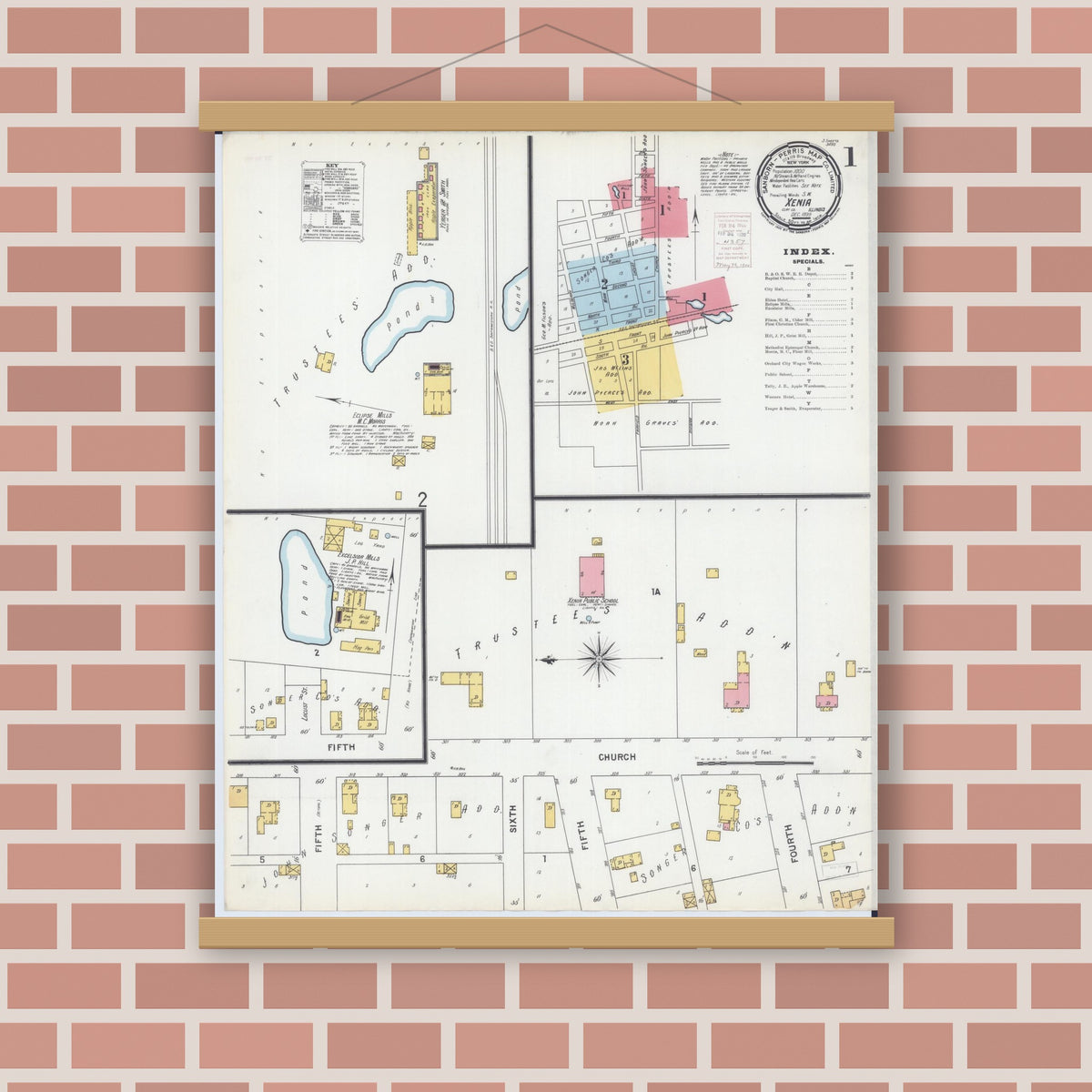 Old map wall art mockup — magnetic wood frame on brick wall — Sanborn Fire Insurance Map from Xenia, Clay County, Illinois (1899) - Complete Map Set