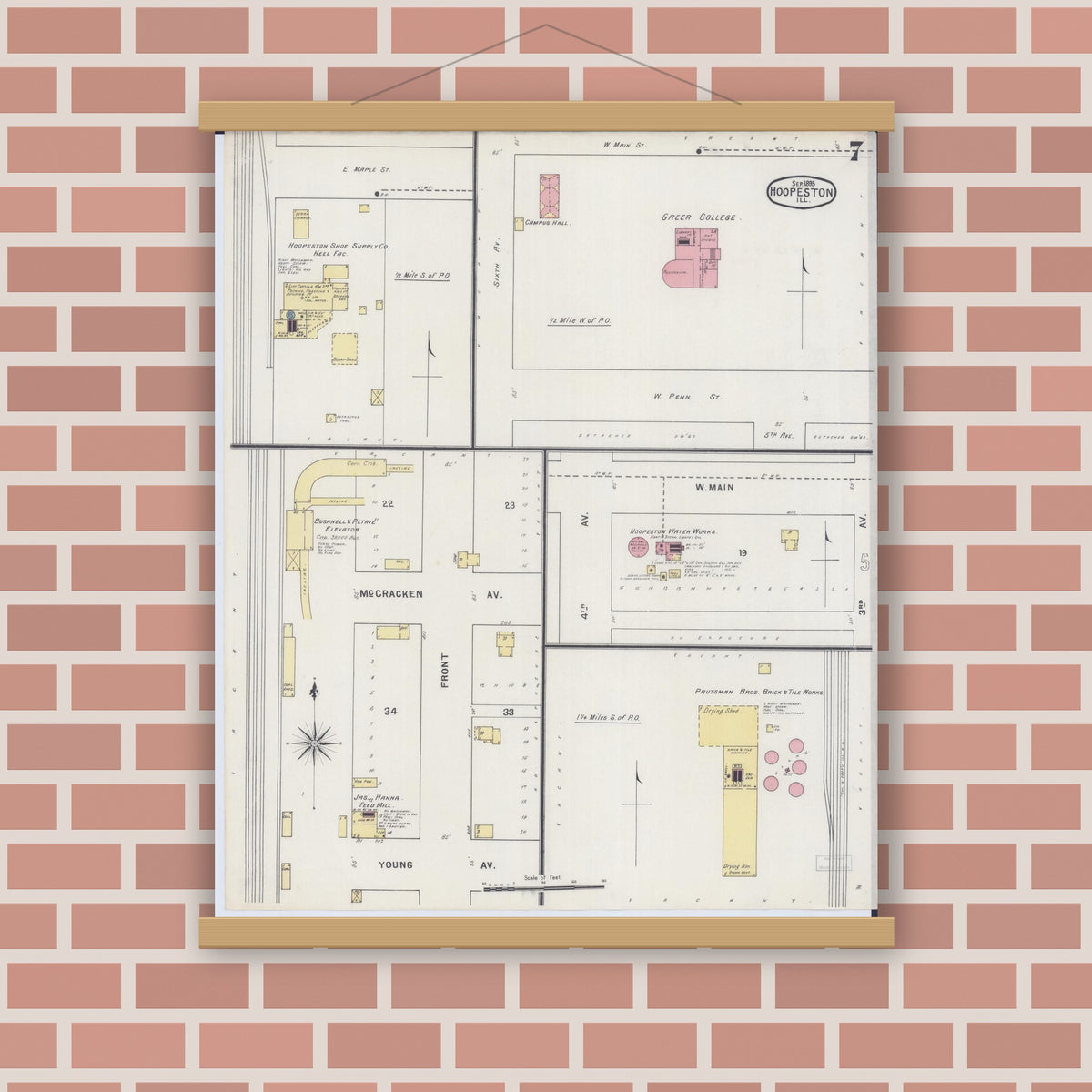 Old map wall art mockup — magnetic wood frame on brick wall — Sanborn Fire Insurance Map from Hoopeston, Vermilion County, Illinois (1895), Sheet #0007