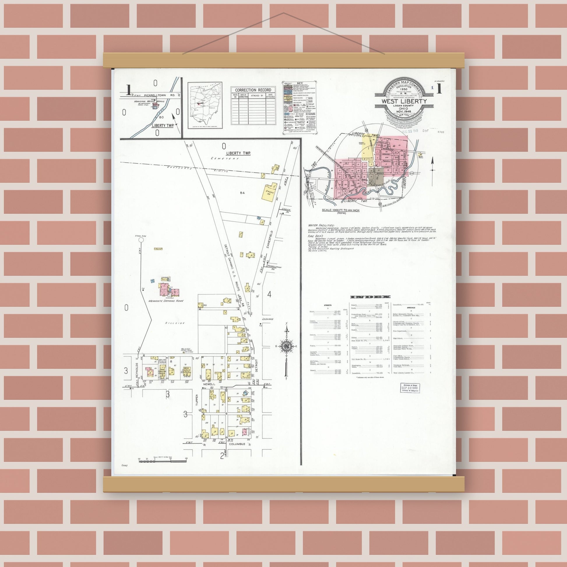 Old map wall art mockup — magnetic wood frame on brick wall — Sanborn Fire Insurance Map from West Liberty, Logan County, Ohio (1948) - Complete Map Set
