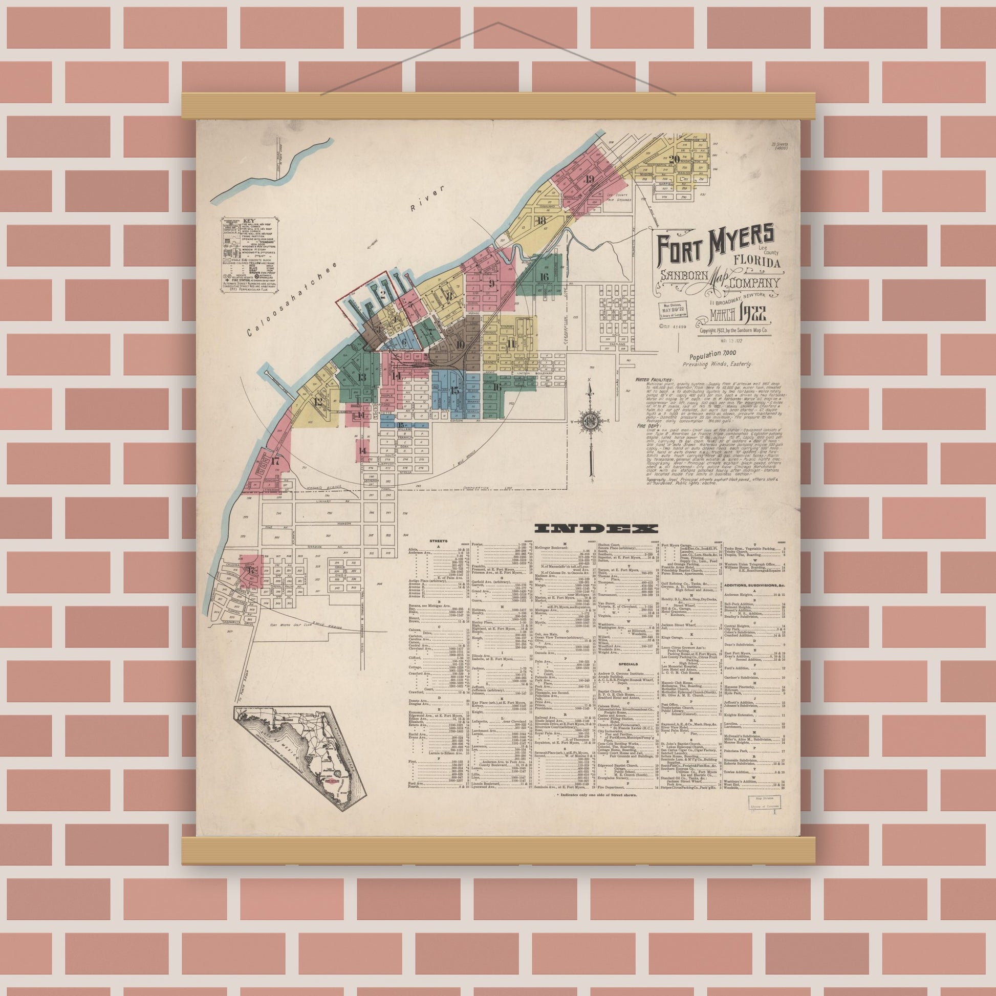 Old map wall art mockup — magnetic wood frame on brick wall — Sanborn Fire Insurance Map from Fort Myers, Lee County, Florida (1922) - Complete Map Set