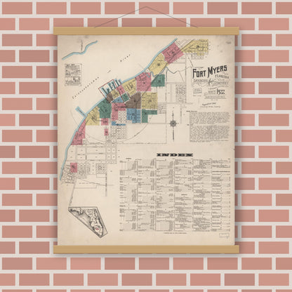 Old map wall art mockup — magnetic wood frame on brick wall — Sanborn Fire Insurance Map from Fort Myers, Lee County, Florida (1922) - Complete Map Set