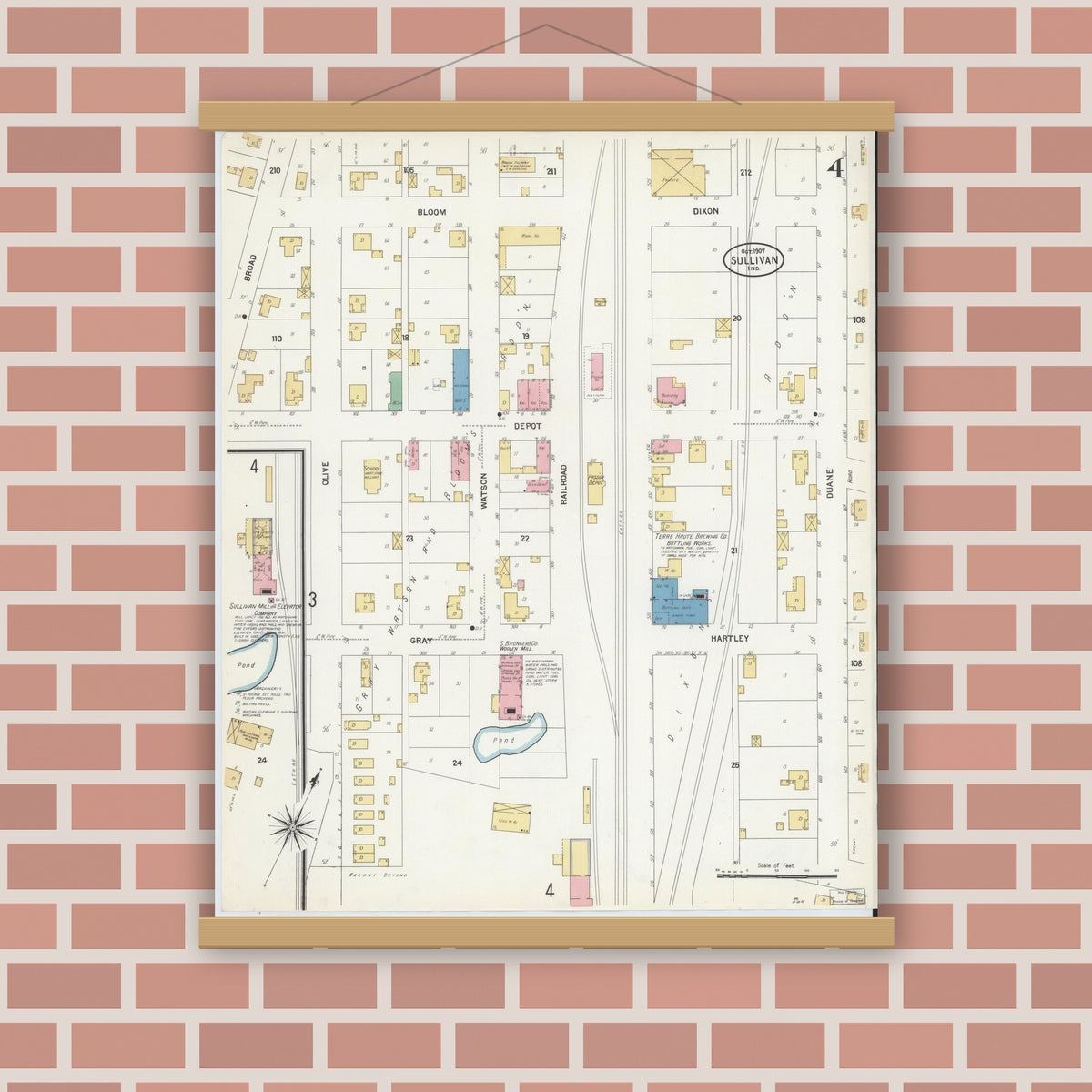 Old map wall art mockup — magnetic wood frame on brick wall — Sanborn Fire Insurance Map from Sullivan, Sullivan County, Indiana (1907), Sheet #0004