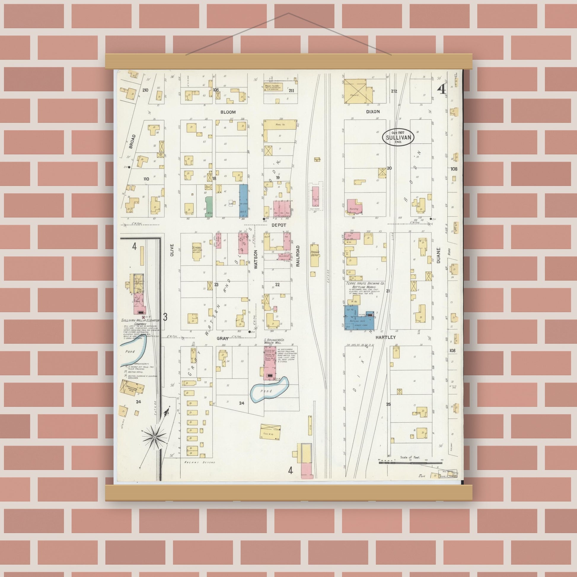 Old map wall art mockup — magnetic wood frame on brick wall — Sanborn Fire Insurance Map from Sullivan, Sullivan County, Indiana (1907), Sheet #0004