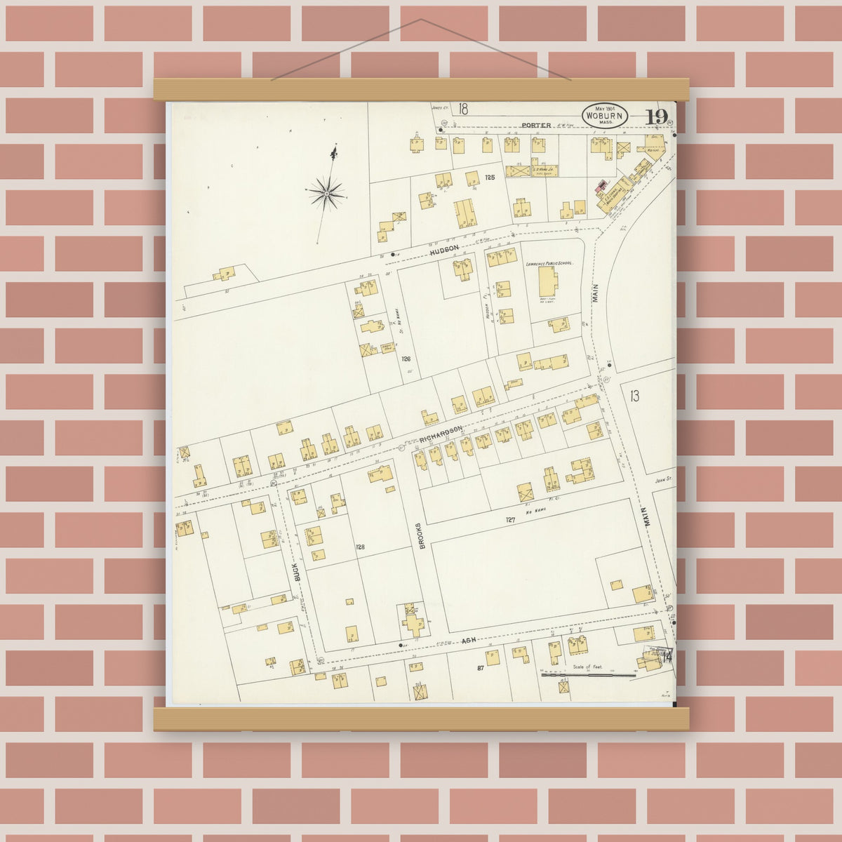 Old map wall art mockup — magnetic wood frame on brick wall — Sanborn Fire Insurance Map from Woburn, Middlesex County, Massachusetts (1904), Sheet #0019