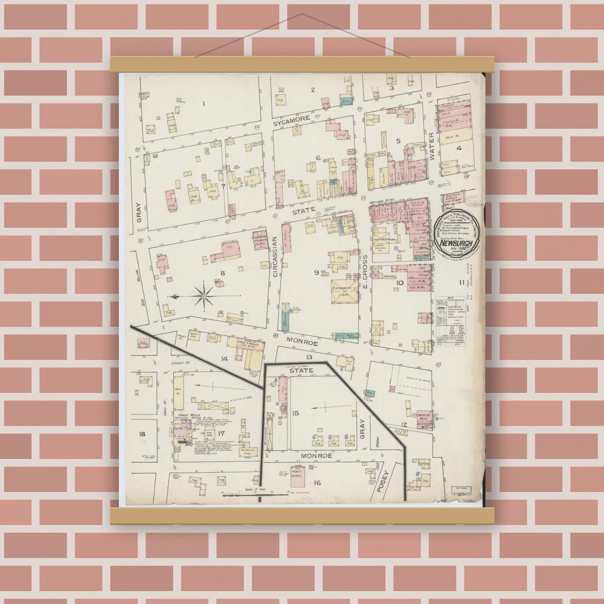 Old map wall art mockup — magnetic wood frame on brick wall — Sanborn Fire Insurance Map from Newburgh, Warrick County, Indiana (1886), Sheet #0001