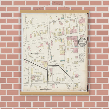 Old map wall art mockup — magnetic wood frame on brick wall — Sanborn Fire Insurance Map from Newburgh, Warrick County, Indiana (1886), Sheet #0001
