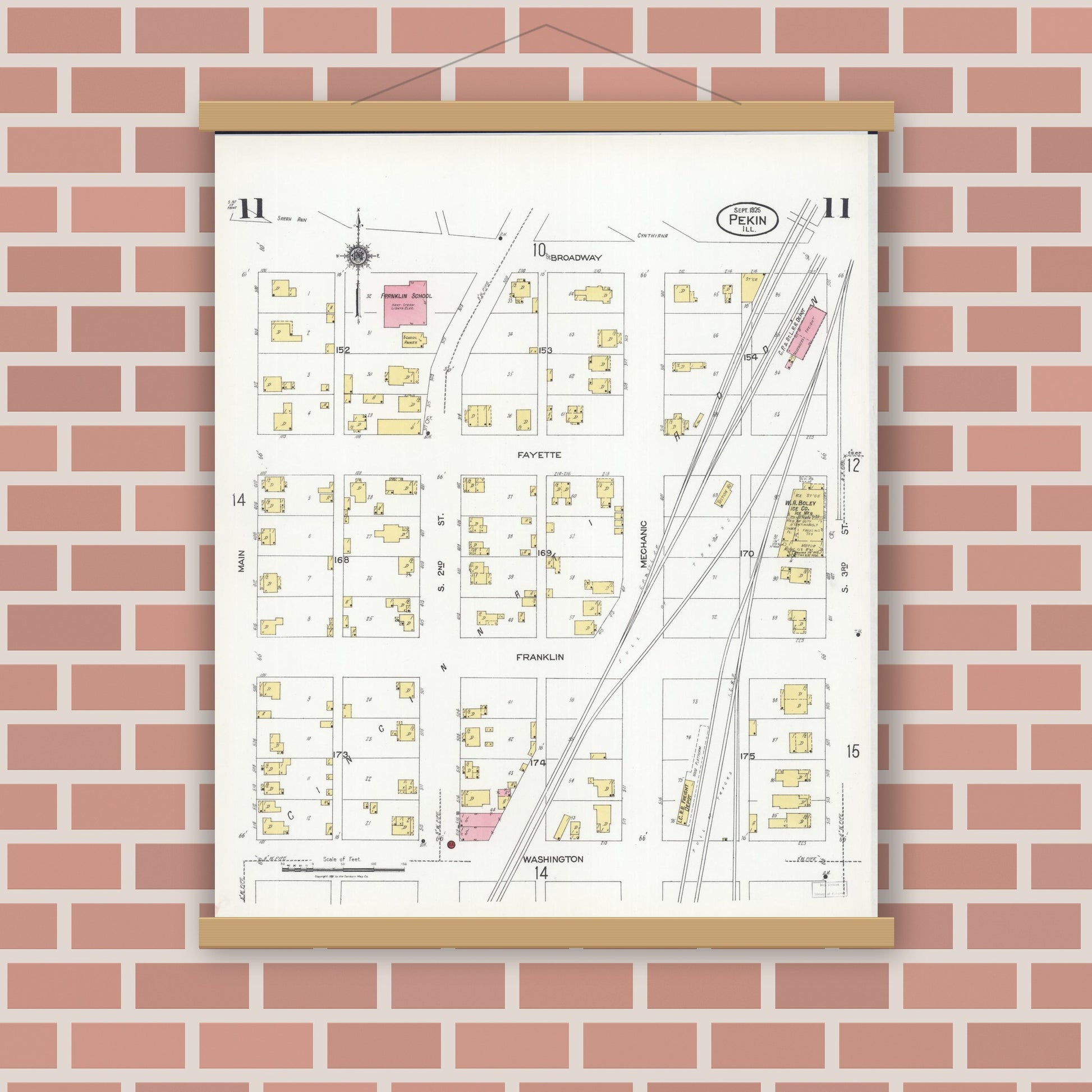 Old map wall art mockup — magnetic wood frame on brick wall — Sanborn Fire Insurance Map from Pekin, Tazewell County, Illinois (1925), Sheet #0011
