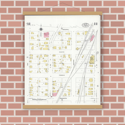 Old map wall art mockup — magnetic wood frame on brick wall — Sanborn Fire Insurance Map from Pekin, Tazewell County, Illinois (1925), Sheet #0011