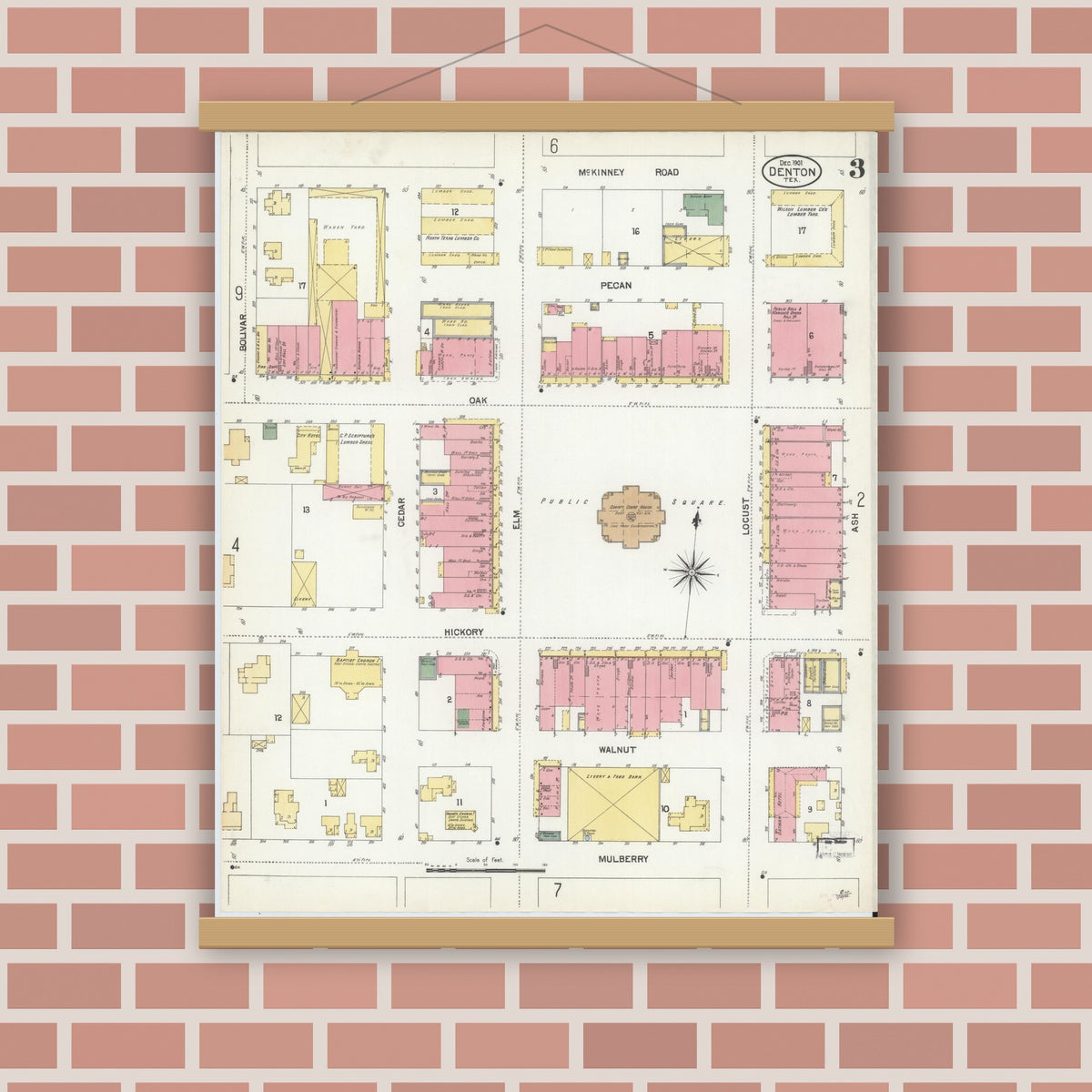 Old map wall art mockup — magnetic wood frame on brick wall — Sanborn Fire Insurance Map from Denton, Denton County, Texas (1901), Sheet #0003