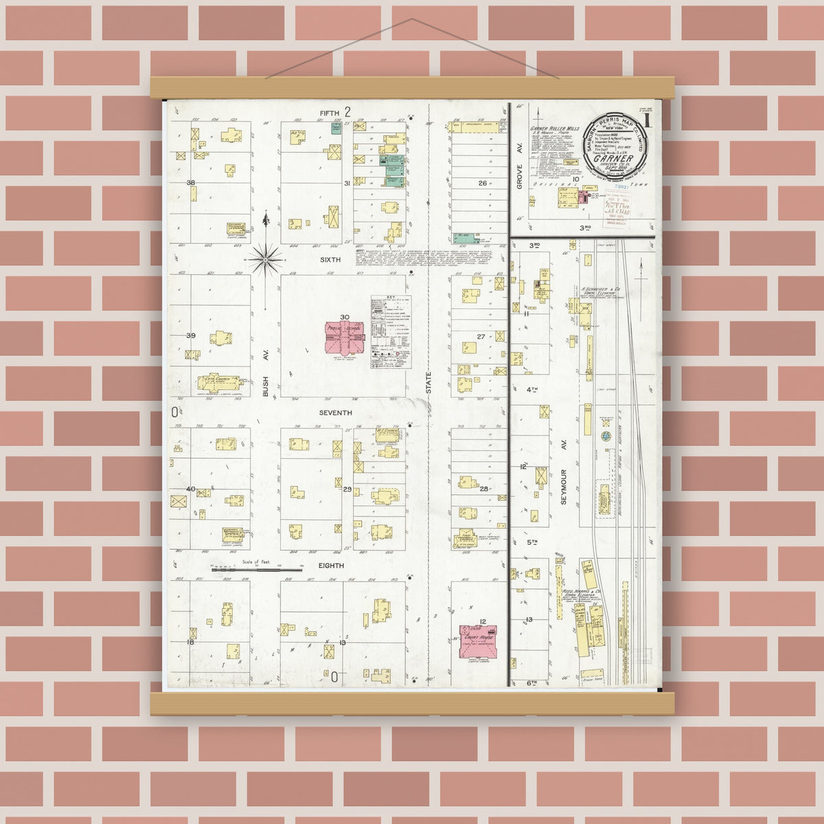 Old map wall art mockup — magnetic wood frame on brick wall — Sanborn Fire Insurance Map from Garner, Hancock County, Iowa (1900) â€” Complete Set