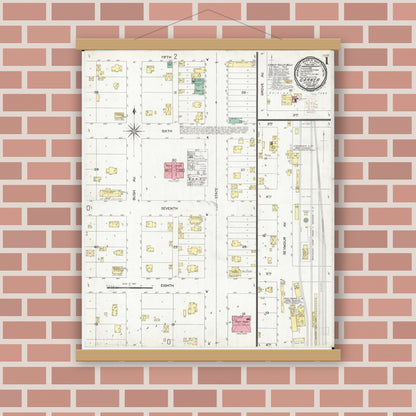 Old map wall art mockup — magnetic wood frame on brick wall — Sanborn Fire Insurance Map from Garner, Hancock County, Iowa (1900) â€” Complete Set