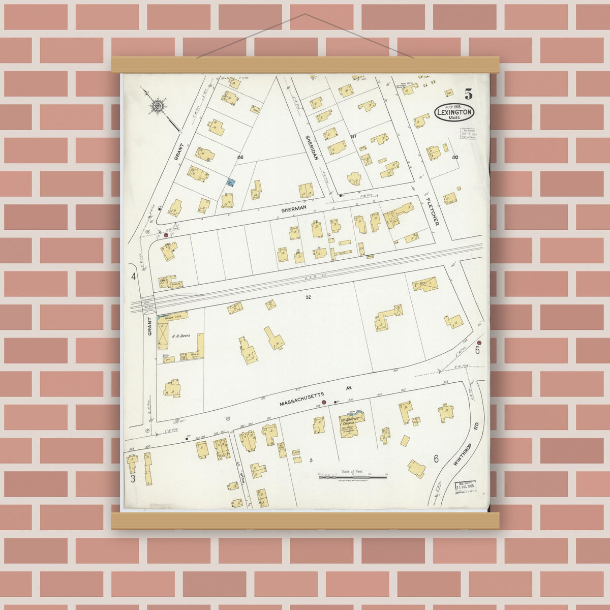 Old map wall art mockup — magnetic wood frame on brick wall — Sanborn Fire Insurance Map from Lexington, Middlesex County, Massachusetts (1918), Sheet #0005